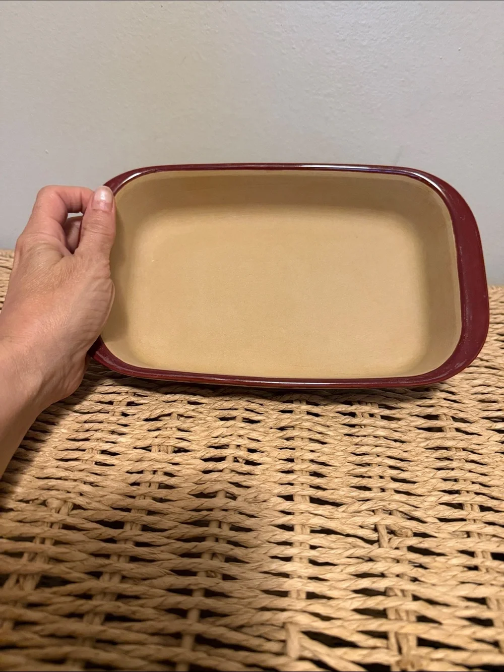 The Pampered Chef Rectangular Ceramic Baking Dish in Red and Cream